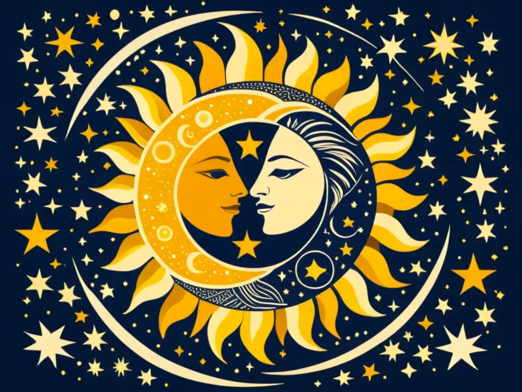 Dos figuras celestiales, sol y luna, abrazadas entre constelaciones indígenas, evocando leyendas de amor, traición y el firmamento