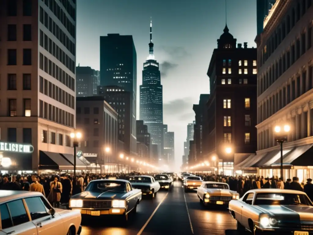 Foto en blanco y negro de una bulliciosa calle urbana de noche con rascacielos iluminados y contaminación lumínica, desafío observatorios urbanos