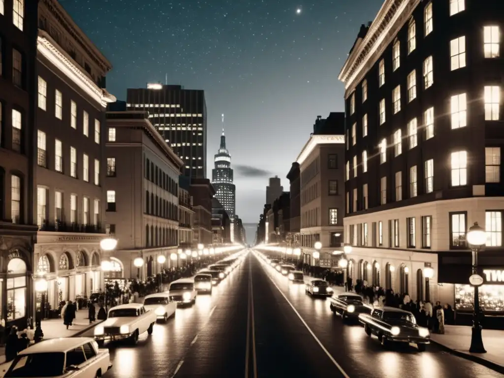 Foto en blanco y negro de una bulliciosa calle nocturna iluminada por farolas antiguas y los edificios