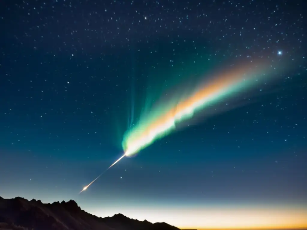 Exposición fotográfica cazadores cometas: Fotografía vintage de un cometa surcando el cielo nocturno, iluminado por el sol y rodeado de estrellas brillantes