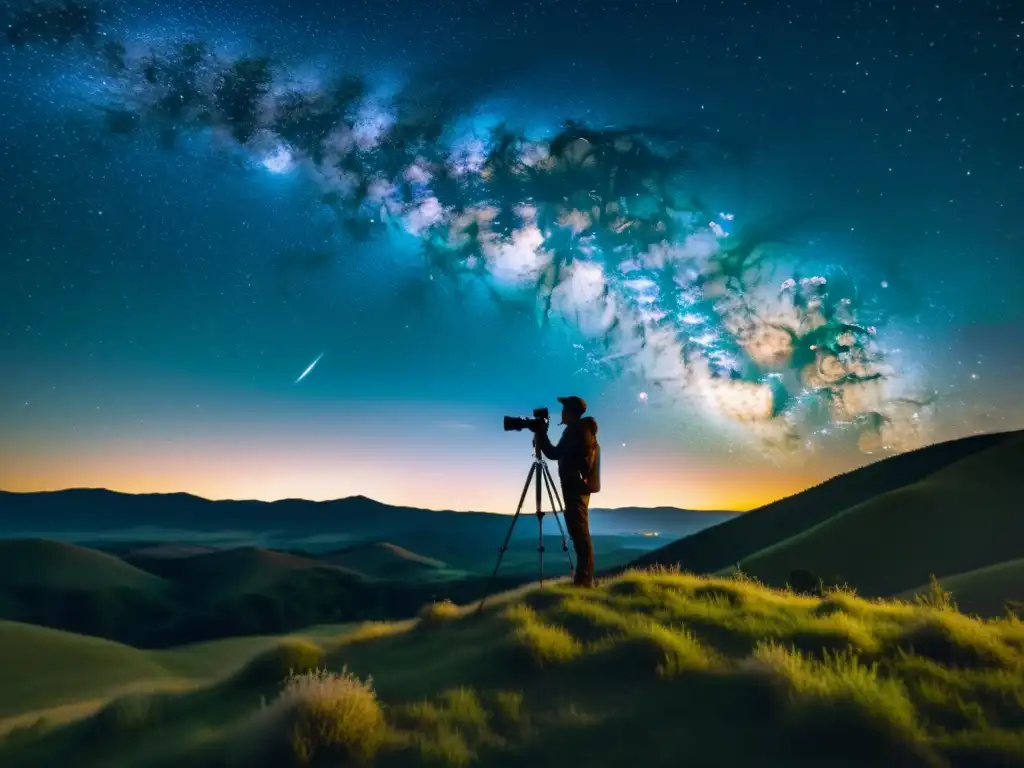 Un fotógrafo ajusta su cámara bajo un cielo estrellado y la Vía Láctea