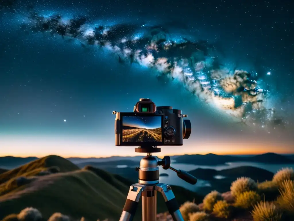 Un fotógrafo ajusta una cámara vintage para capturar la belleza del cielo nocturno