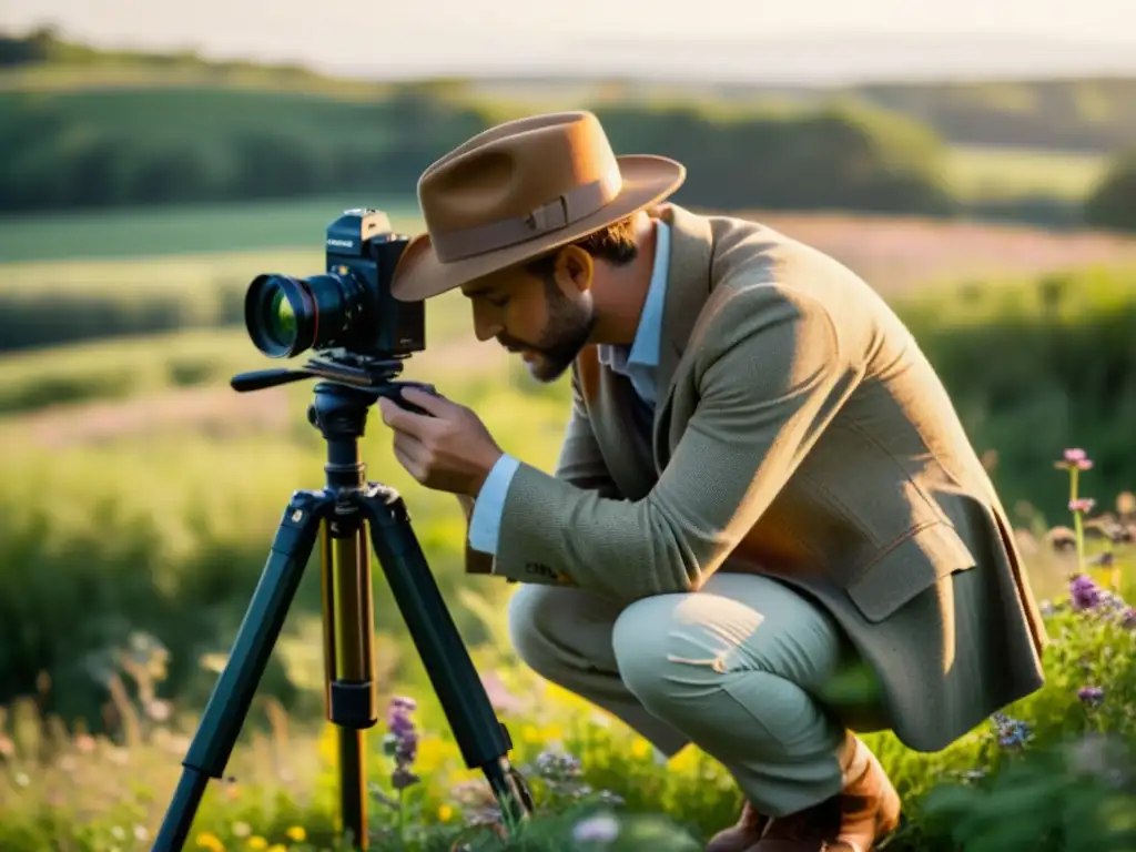 Un fotógrafo profesional ajusta su cámara en un campo soleado rodeado de naturaleza, practicar astrofotografía de día