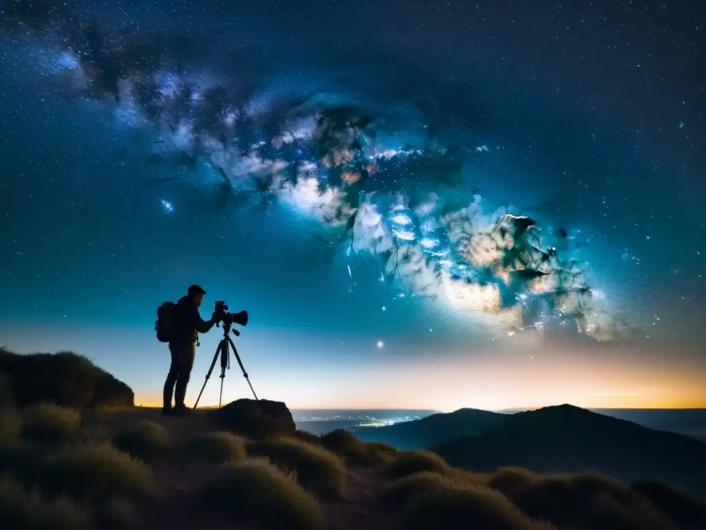 Un fotógrafo solitario ajusta su cámara para capturar detalles de astrofotografía en condiciones de baja luz, con el cielo estrellado de fondo