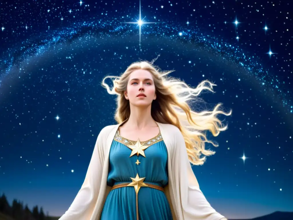 Freyja, diosa nórdica, emerge entre las estrellas en un paisaje místico que evoca la influencia de la mitología nórdica en el cosmos