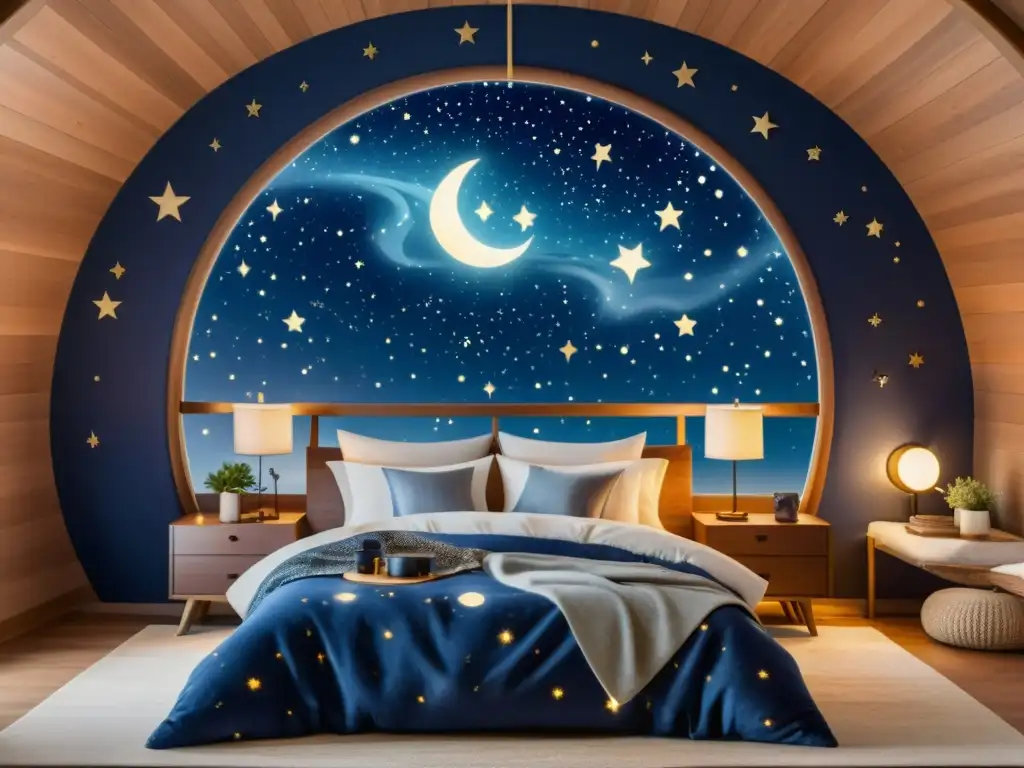 Pijamas galácticos para dormir en un acogedor dormitorio con vista a un cielo estrellado, decorado con motivos celestiales y una cálida luz de lámpara