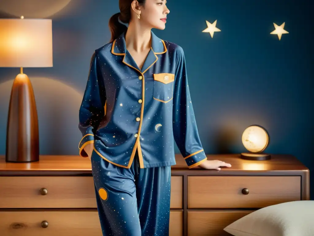 Pijamas galácticos para dormir en un ambiente cálido y nostálgico, con estampado celestial detallado en 8k