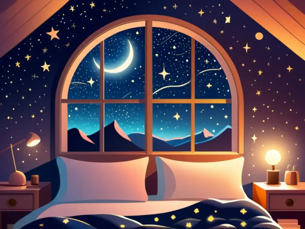 Pijamas galácticos para dormir en una habitación acogedora iluminada por la luz de la luna y las estrellas