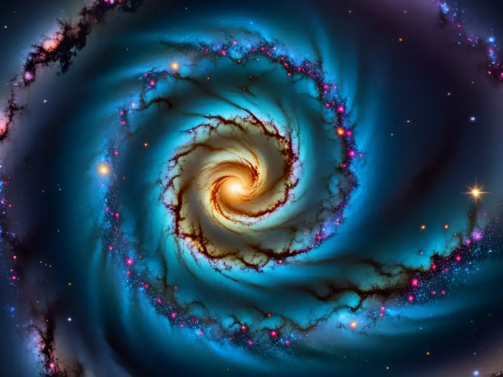 Galaxia espiral vintage: belleza cósmica Una ilustración vintage de una galaxia espiral detallada en tonos vibrantes, con estrellas y nebulosas distantes