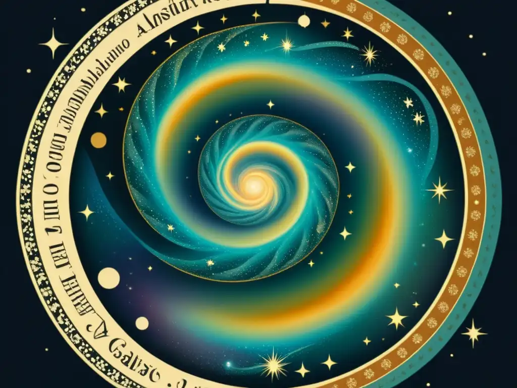 Galaxia espiral vintage: descubre la maravilla Una ilustración vintage de una galaxia espiral con detalles intrincados y colores celestiales, rodeada por adornos victorianos