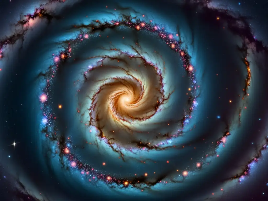 Ilustración vintage de una galaxia espiral con detalles intrincados, estrellas brillantes y polvo cósmico en el espacio profundo