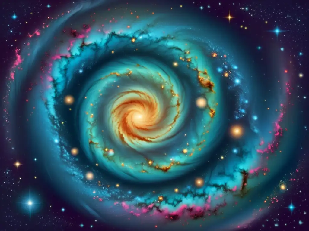 Galaxia espiral vintage con detalles cósmicos Una ilustración vintage de una galaxia espiral con detalles intrincados y colores vibrantes, evocando asombro y misterio