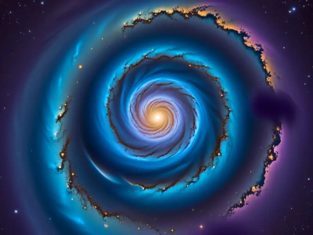 Una ilustración vintage de una galaxia espiral rodeada de materia oscura, con detalles intrincados de nubes cósmicas y la influencia gravitacional de la materia invisible, formando estrellas y objetos celestiales en el profundo cielo