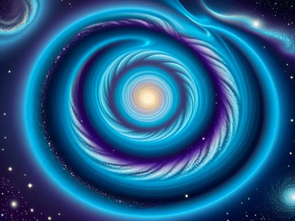 Una ilustración vintage de una galaxia espiral, con tonos profundos de azul y púrpura creando una escena cósmica fascinante