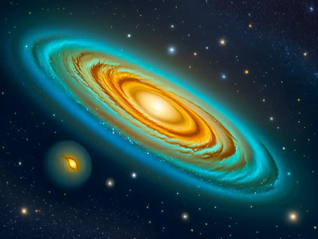 Una ilustración vintage de la Galaxia de Andrómeda y Galaxias Lejanas, con detalles intrincados y una paleta cálida nostálgica