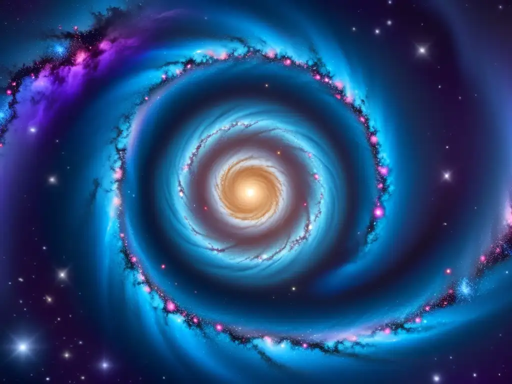 Observar galaxias espirales desde casa: ilustración vintage de una galaxia espiral con detalles cósmicos en tonos azules, púrpuras y rosados