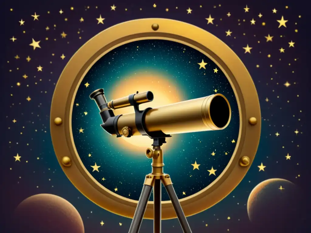 Explorando el cosmos: Telescopio vintage en sepia Explorando galaxias inexploradas a través de un telescopio vintage en sepia