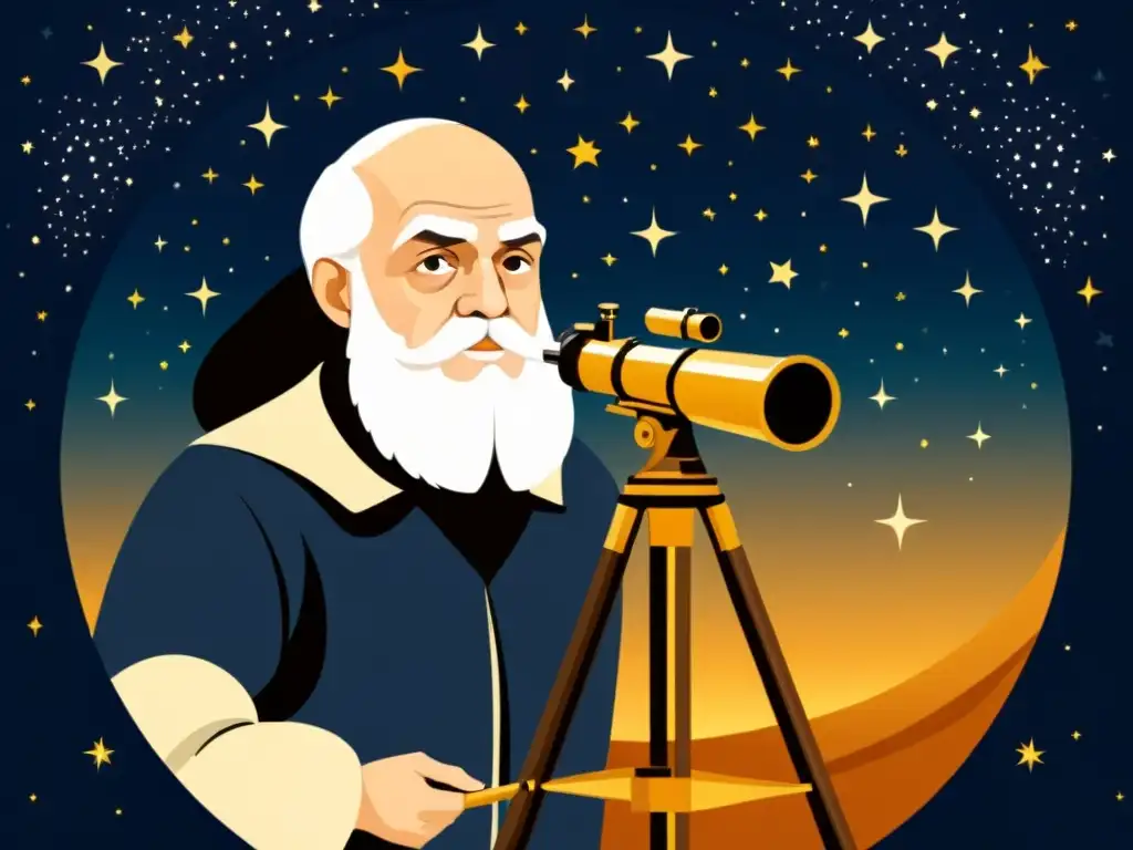 Galileo Galilei observa el cielo estrellado a través de un telescopio, evocando grandes hitos y descubrimientos astronómicos en la historia