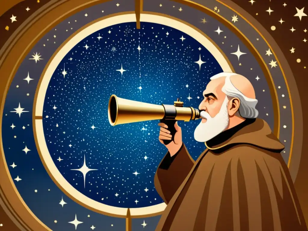 Galileo Galilei observa las estrellas a través de su telescopio, rodeado de constelaciones y cuerpos celestes