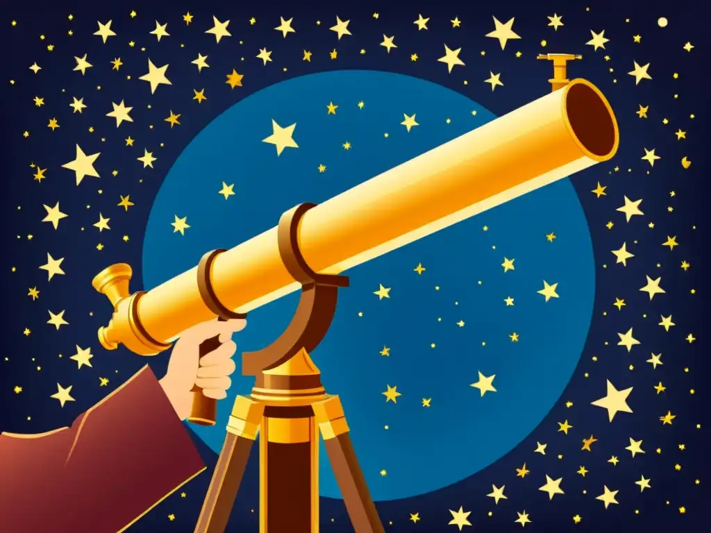 Galileo Galilei maravillado observa el cielo nocturno a través de su telescopio vintage, mostrando los descubrimientos de Galilei en festividades