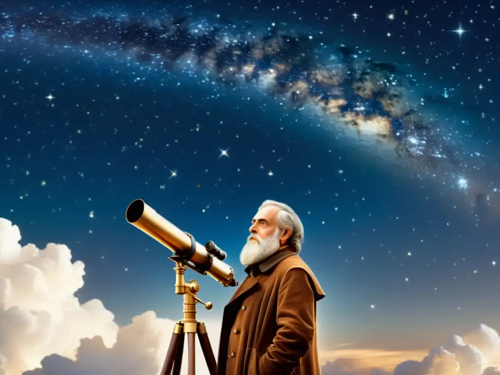 Galileo Galilei observa maravillado a través de su telescopio las festividades celestiales y descubrimientos astronómicos