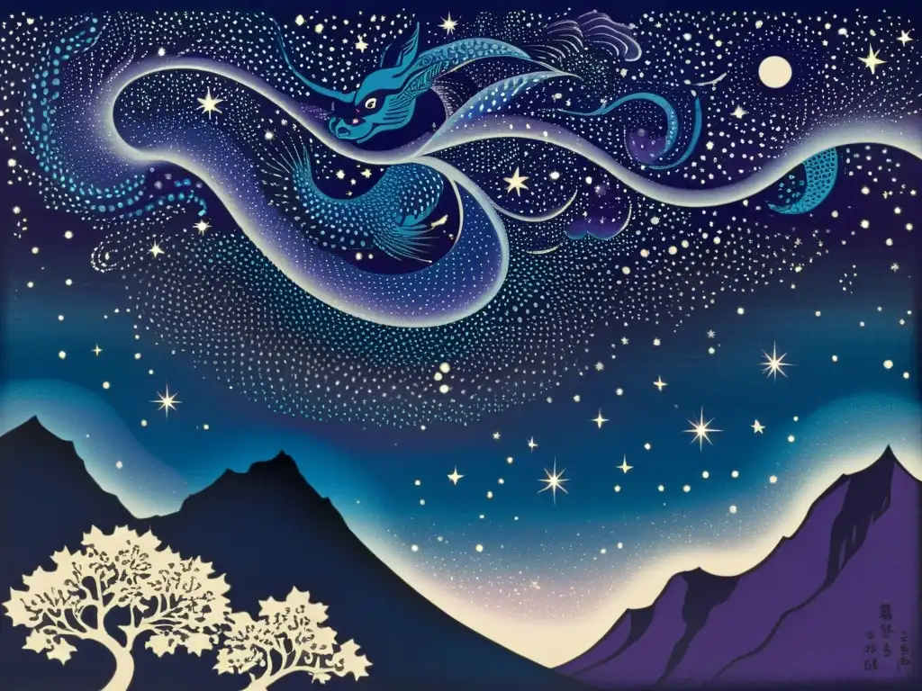 Un grabado japonés vintage del cielo nocturno con constelaciones de la mitología japonesa