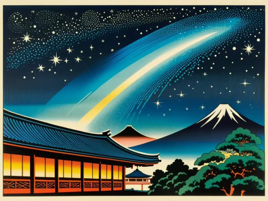 Grabado japonés vintage de cometa en el cielo nocturno, evocando la tradición japonesa y el significado de los cometas en la cultura