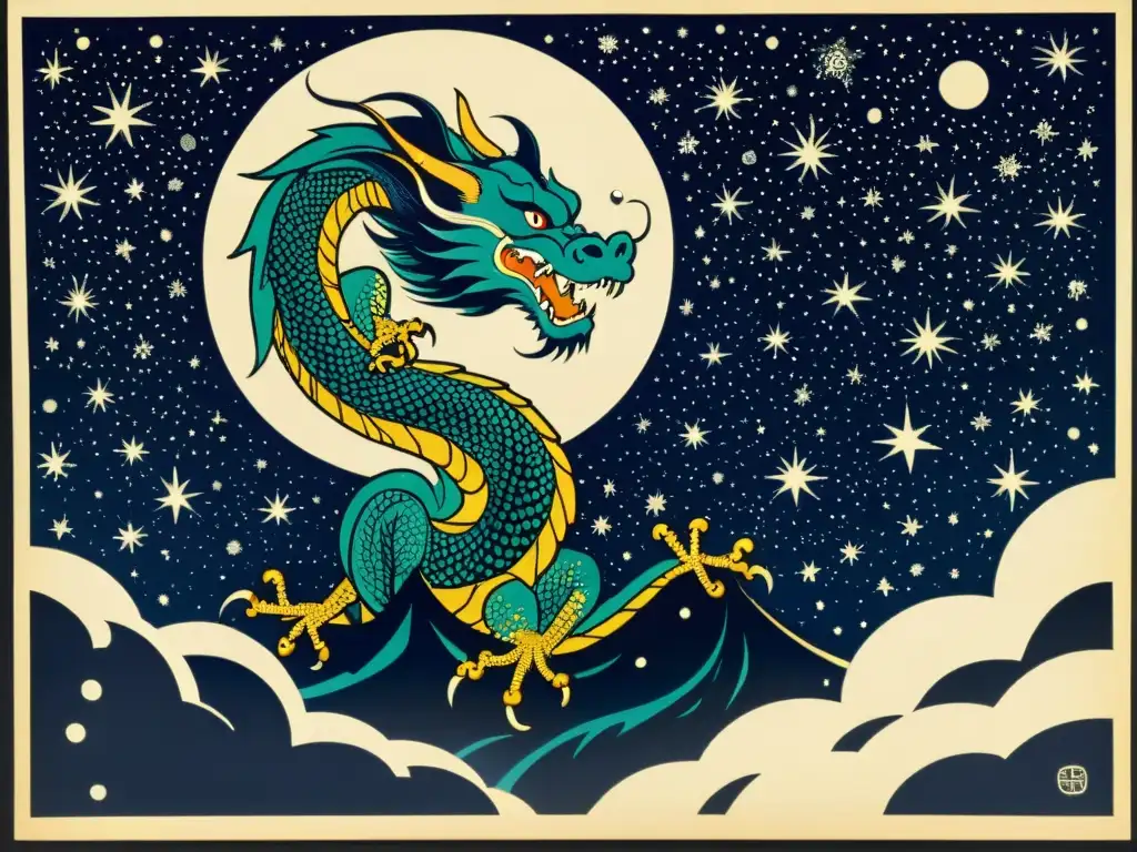 Grabado japonés vintage de un dragón mítico entre constelaciones y estrellas, evocando la mitología japonesa