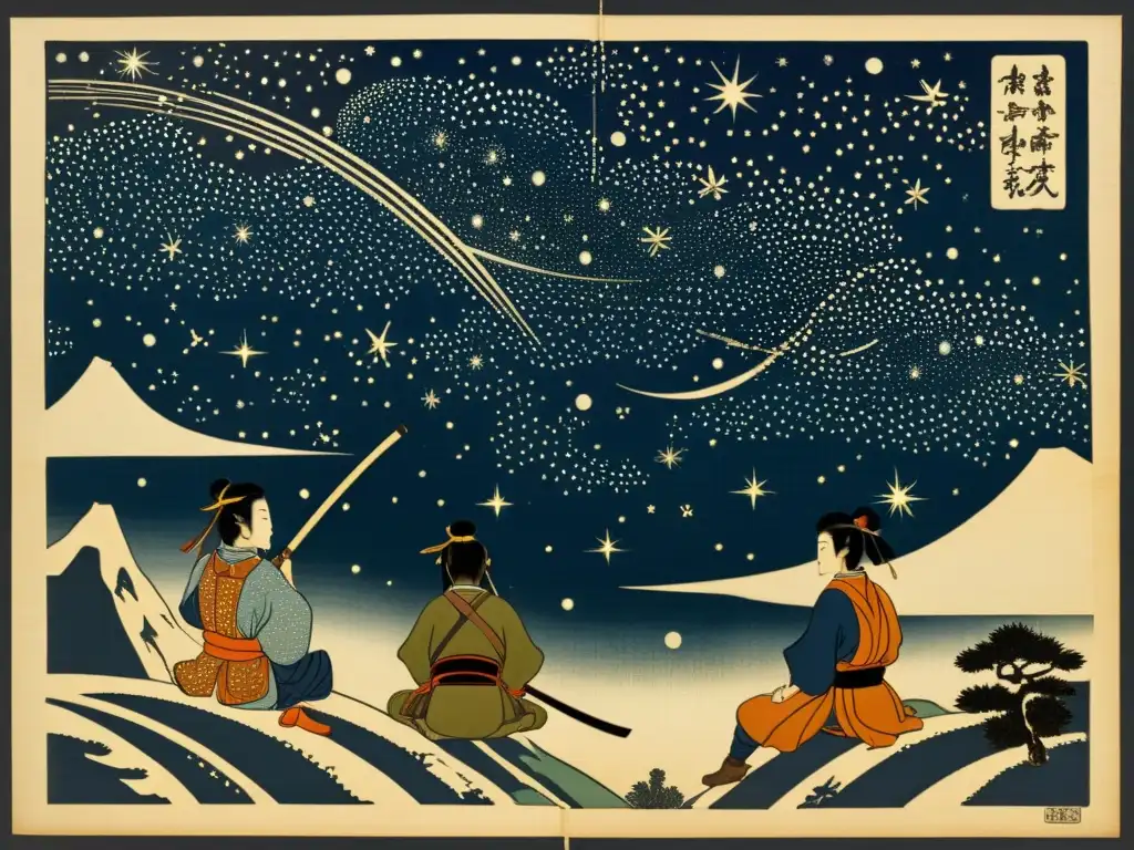 Un grabado japonés vintage muestra a samuráis estudiando las estrellas bajo un cielo estrellado