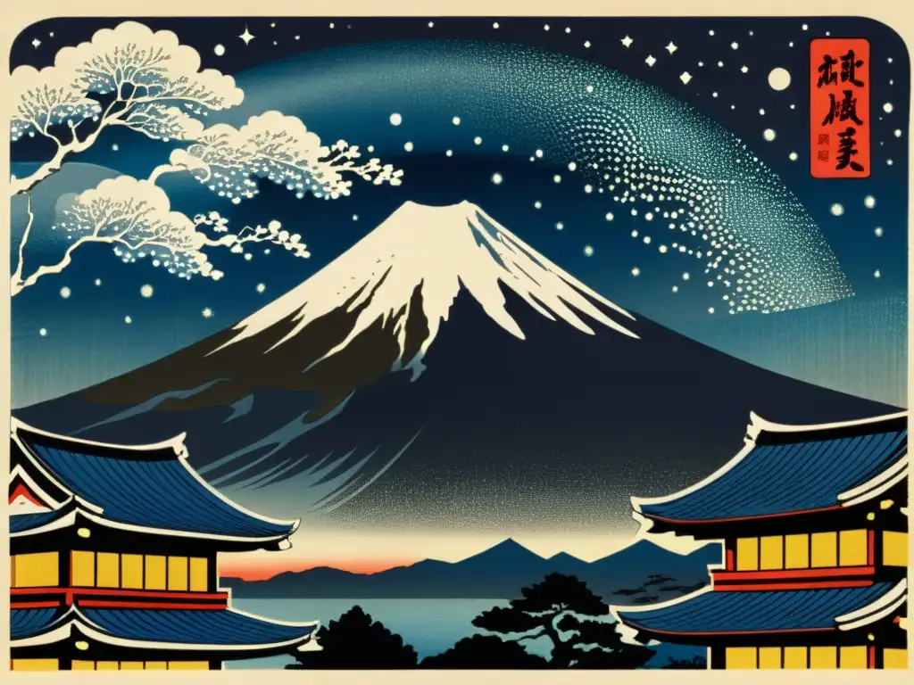 Un grabado en madera vintage muestra el icónico Monte Fuji bajo un cielo nocturno dramático con una estrella ominosa