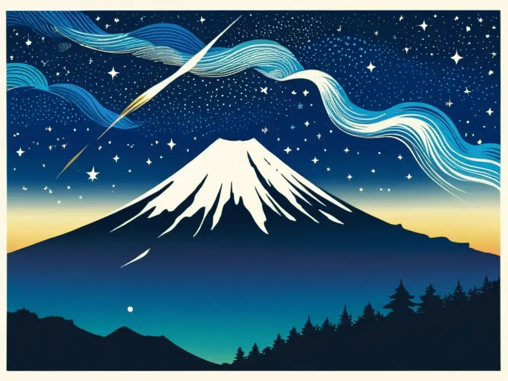 Un grabado en madera vintage muestra el majestuoso Monte Fuji en una noche estrellada, con un enorme meteoro surcando el cielo