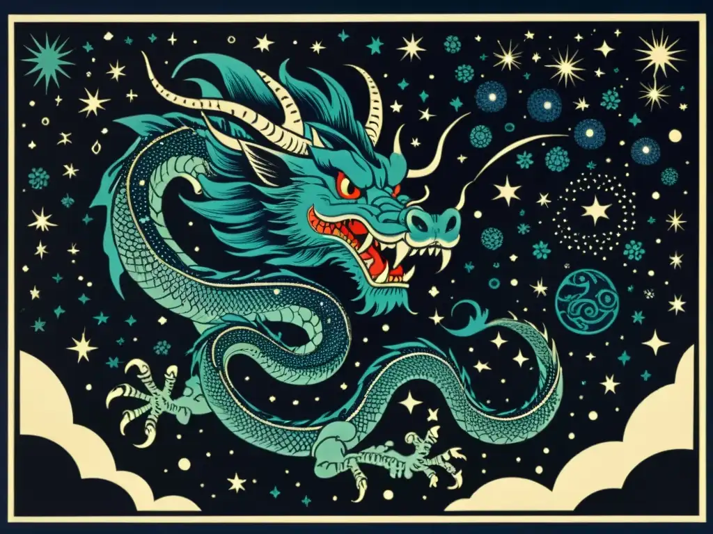 Grabado en madera vintage de Susanoo y el dragón en el cielo nocturno, rodeados de motivos japoneses, mitología asociada a constelaciones antiguas