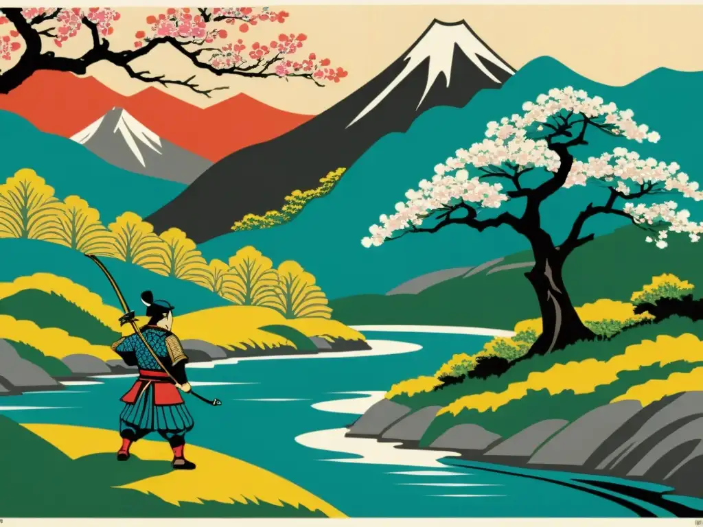 Un grabado tradicional japonés muestra un paisaje montañoso sereno con árboles de cerezo en flor, un río y un pueblo