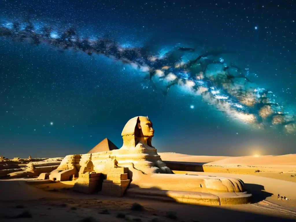 Ilustración vintage de la Gran Esfinge de Giza bajo un cielo estrellado con la constelación de Leo