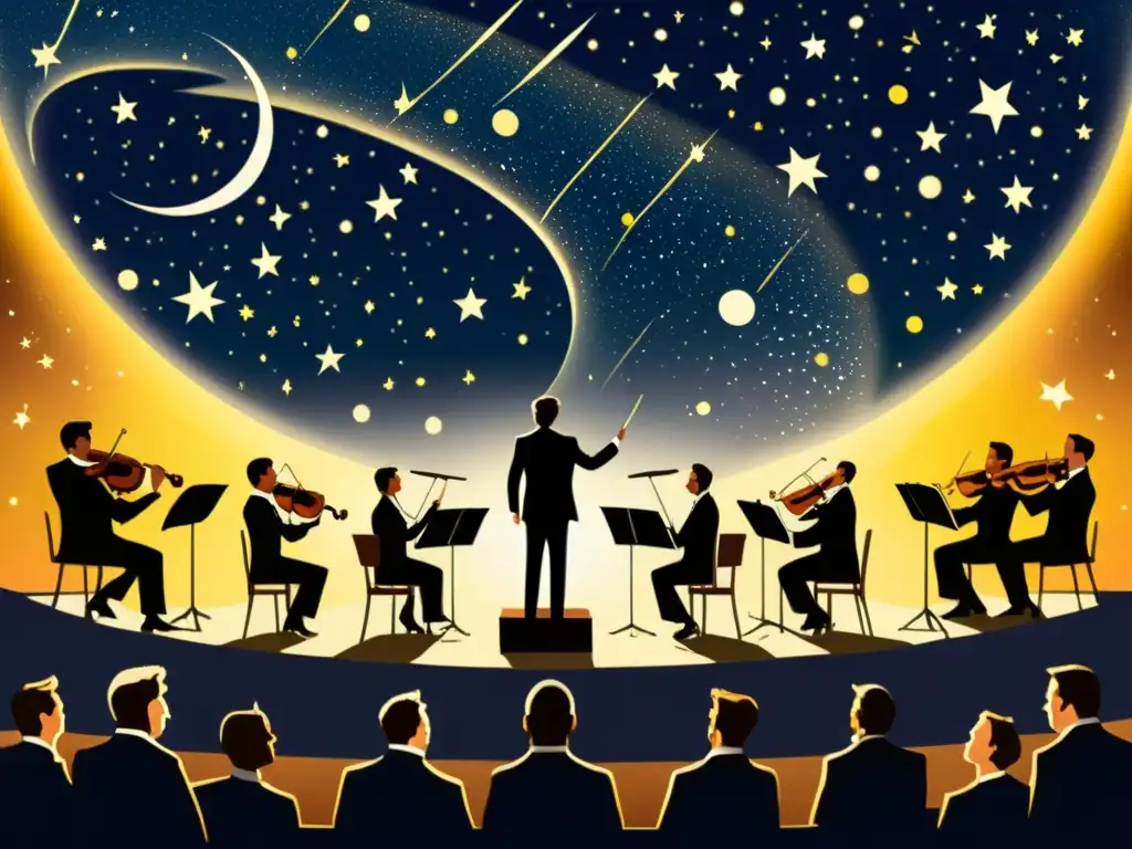 Una ilustración vintage de una gran orquesta bajo un cielo estrellado, fusionando música contemporánea con fenómenos astronómicos