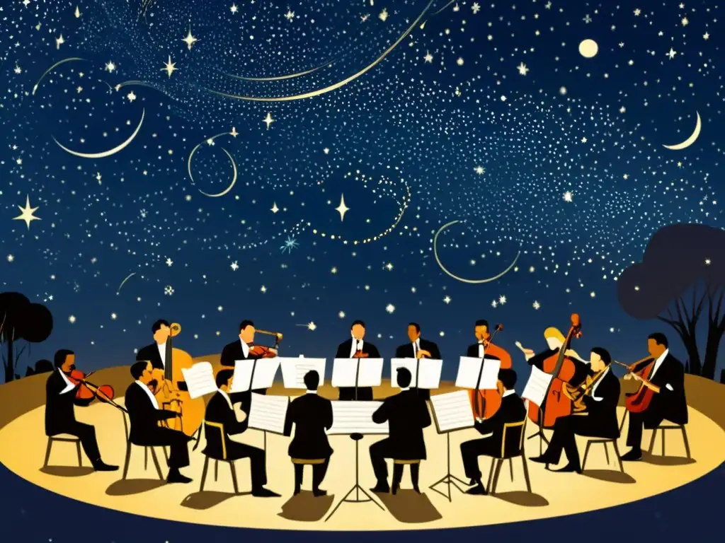 Una ilustración vintage de una gran orquesta tocando bajo un cielo estrellado, donde las constelaciones brillan sobre ellos