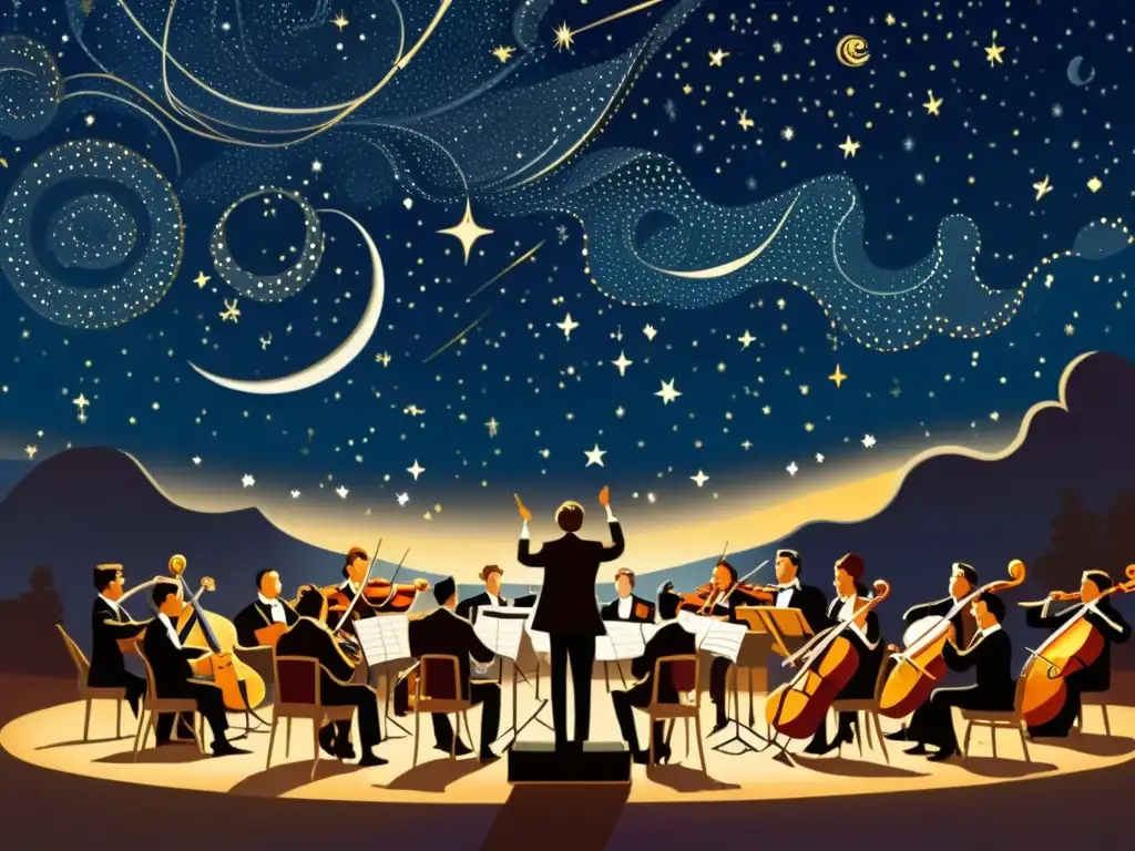 Una ilustración vintage de una gran orquesta interpretando bajo un cielo estrellado, con las constelaciones detalladas encima