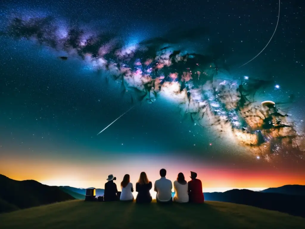 Grupo de aficionados a la astrofotografía observando constelaciones bajo el cielo estrellado