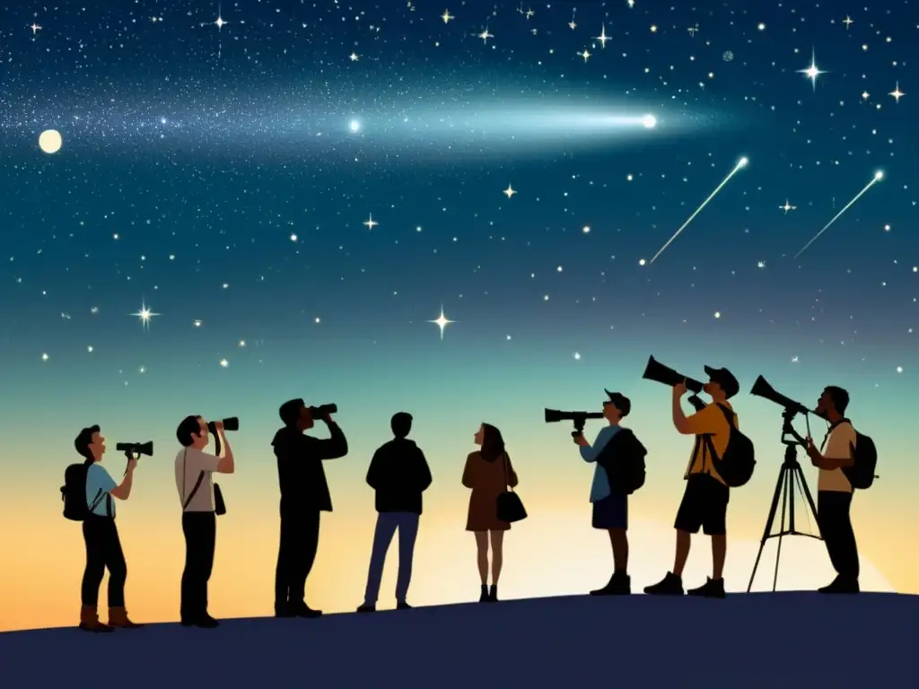 Grupo de aficionados a la astronomía usando aplicaciones móviles para observar estrellas en una noche estrellada con telescopios y entusiasmo