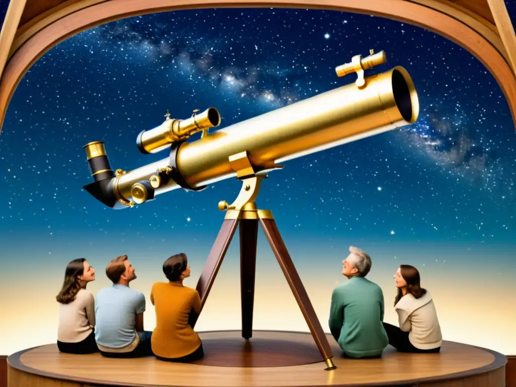 Grupo de aficionados a la astronomía con telescopio casero observando el cielo estrellado