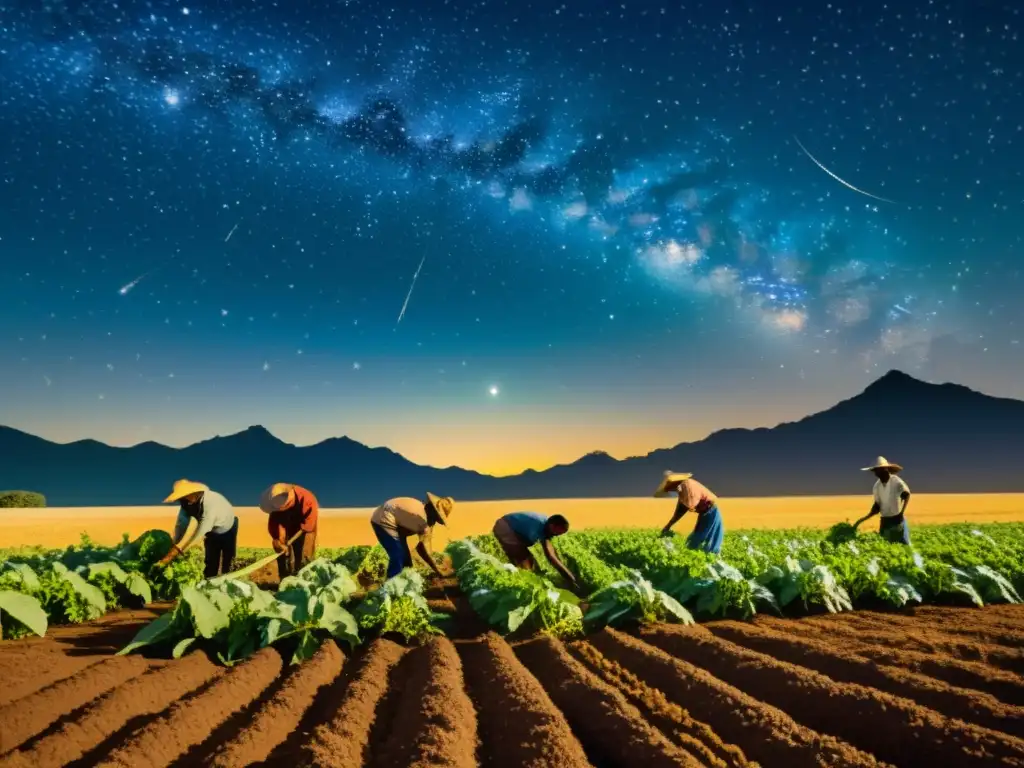 Grupo de agricultores indígenas bajo un cielo estrellado, con influencia de constelaciones en su agricultura