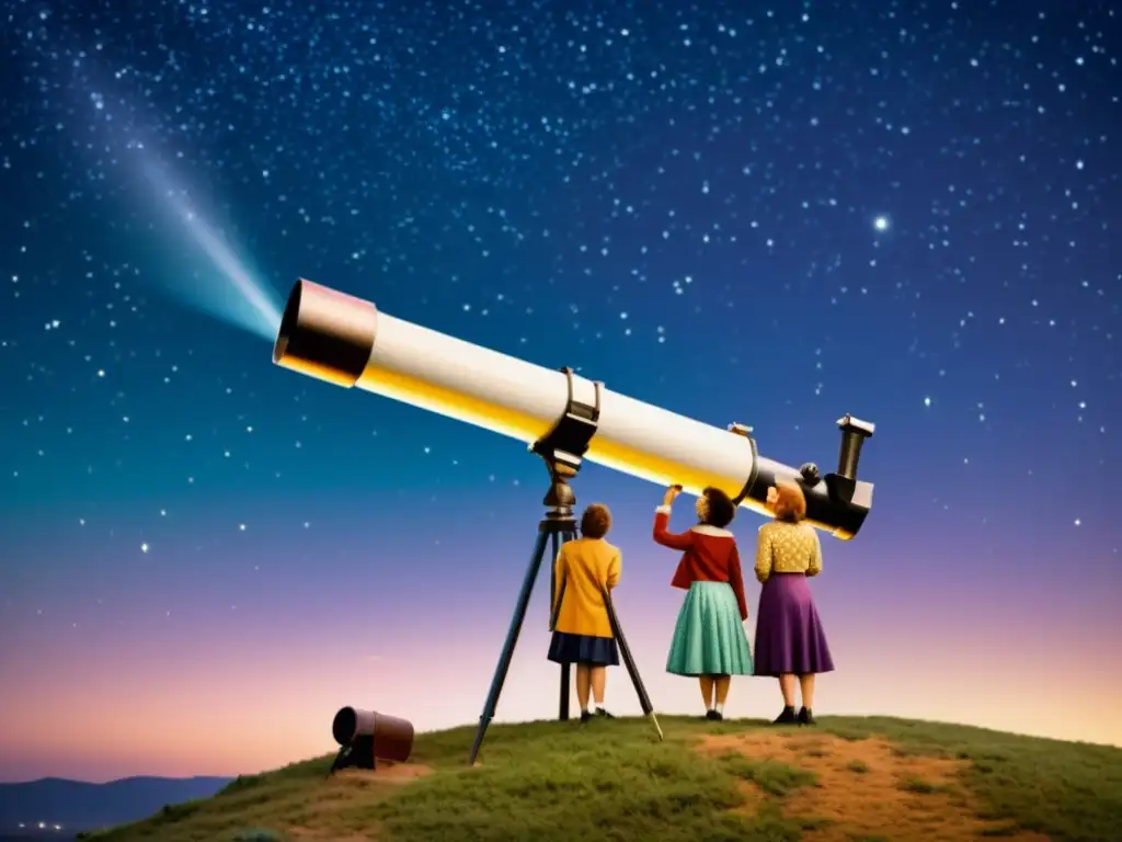 Un grupo de amigos observa el cielo estrellado a través de un telescopio vintage