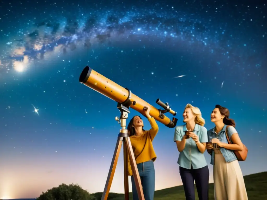 Grupo de amigos observando las estrellas con un telescopio vintage bajo un cielo estrellado