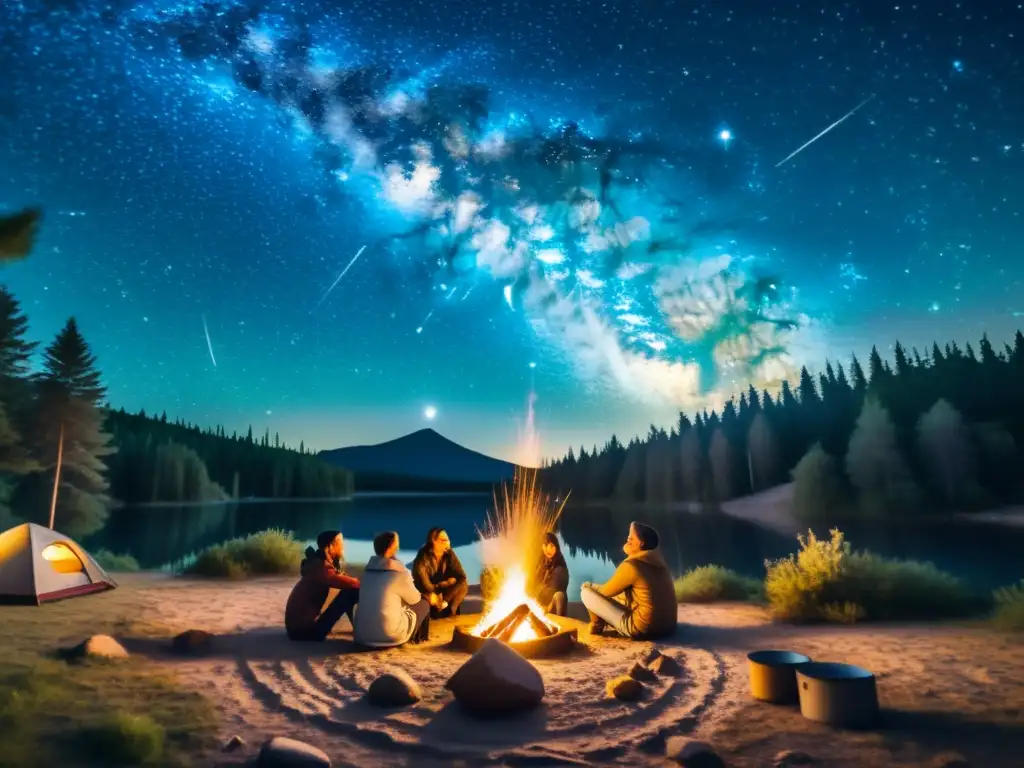 Un grupo de amigos disfruta de la noche estrellada en un camping, usando las mejores apps de mapas estelares