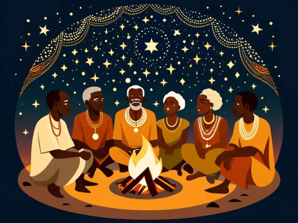 Un grupo de ancianos africanos reunidos alrededor de una fogata, mirando el cielo estrellado y discutiendo interpretaciones tradicionales africanas de fenómenos astronómicos