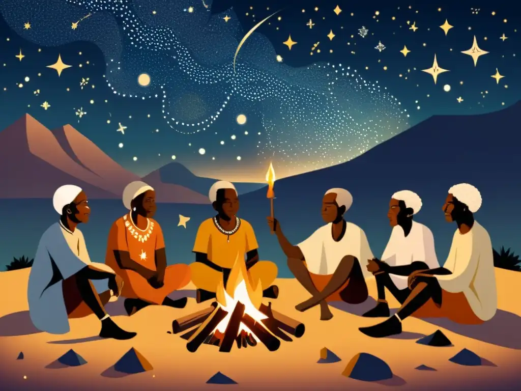 Un grupo de ancianos tribales africanos comparten interpretaciones de constelaciones en una ilustración vintage alrededor de una fogata