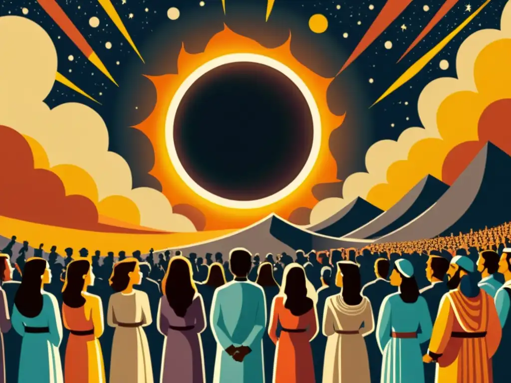 Un grupo de antiguas civilizaciones observa un eclipse solar, mostrando el significado cultural de los eclipses en la historia