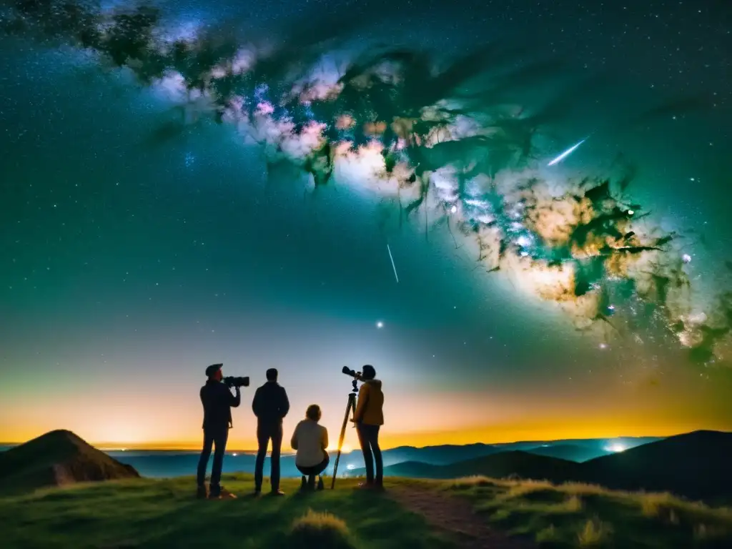 Grupo asombrado de personas observando el cielo estrellado a través de un telescopio en un lugar remoto sin contaminación lumínica