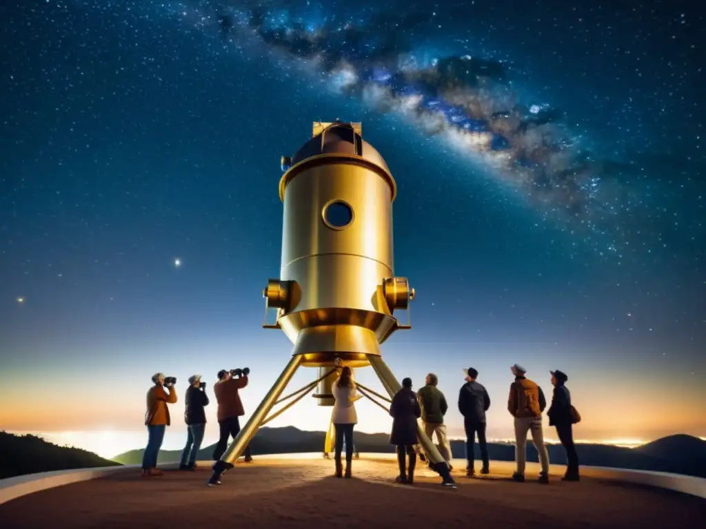 Un grupo de astrofotógrafos se reúnen alrededor del mejor telescopio para astrofotografía en una noche estrellada, con la Vía Láctea de fondo