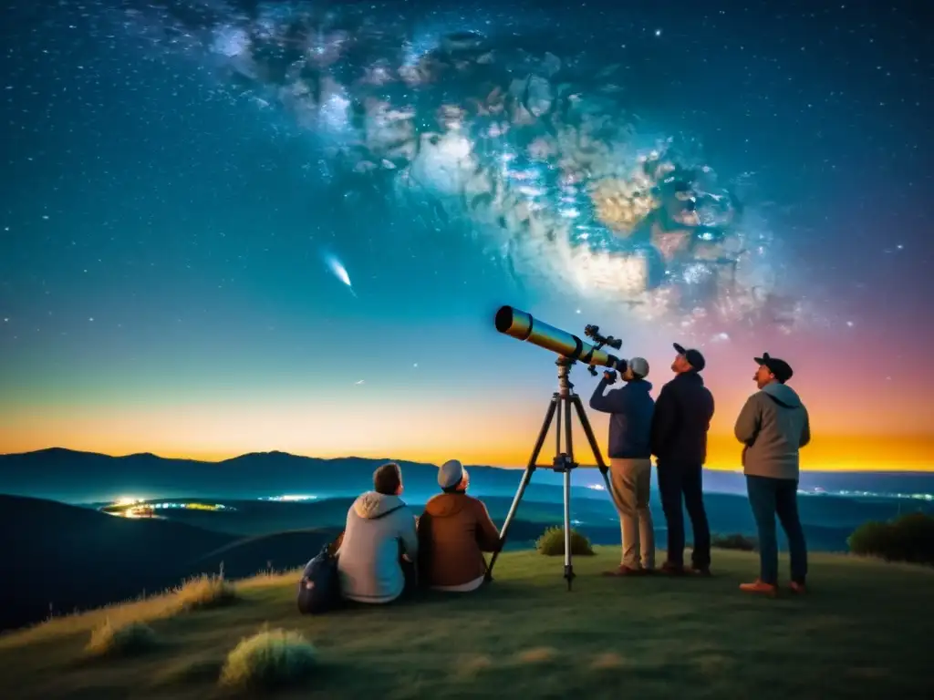 Grupo de astrofotógrafos vintage discutiendo para mejorar habilidades astrofotografía digital bajo el cielo estrellado